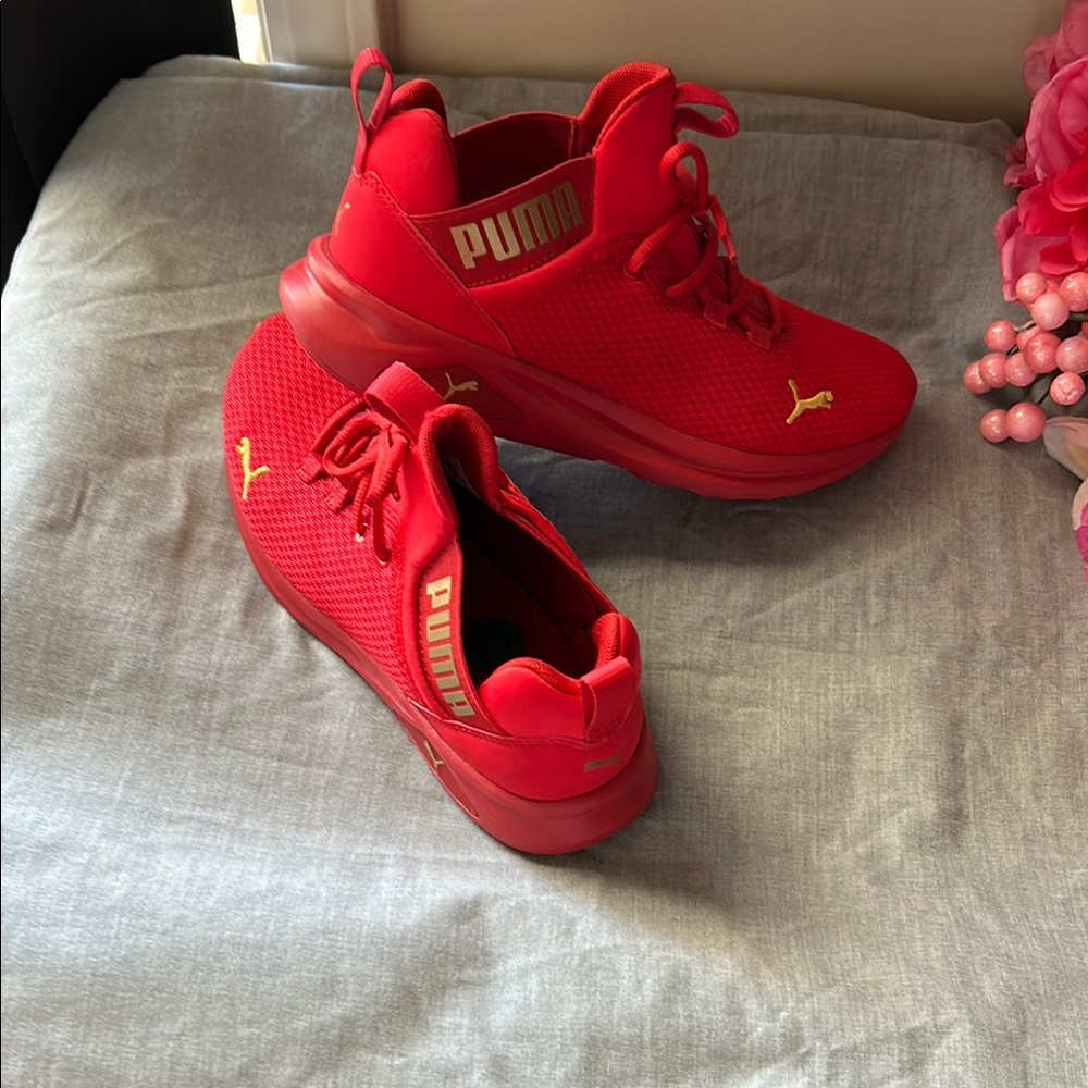 Puma Red and Gold Slip-On Sneakers with Knitted Upper